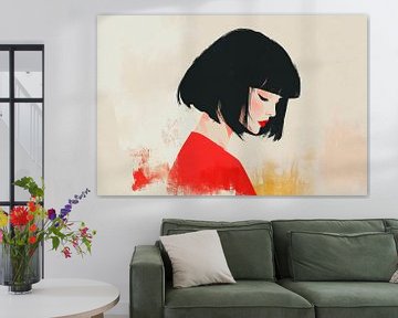 Doordacht portret van een vrouw in het rood van Poster Art Shop