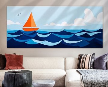 Orange sailing boat on a blue sea by Poster Art Shop