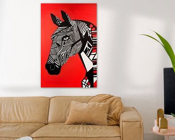 Pferdeporträt in Schwarz-Weiß auf Rot von Poster Art Shop