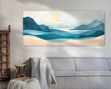 Glooiende heuvels en water in blauwe tinten van Poster Art Shop