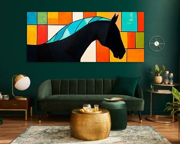 Black horse in front of a colourful background by Poster Art Shop