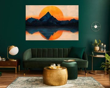 Zonsondergang boven reflecterende bergen van Poster Art Shop