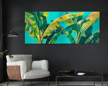 Tropical leaf diversity against a blue background by Poster Art Shop
