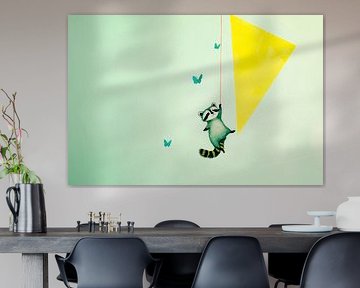 Wasbeer speelt met vlinders van Poster Art Shop