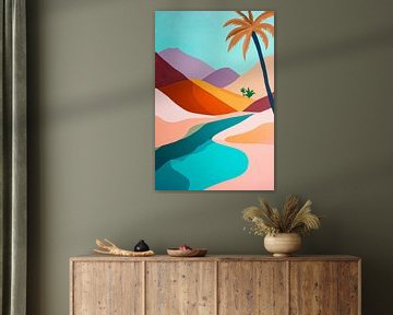 Woestijnlandschap met palmbomen en waterloop van Poster Art Shop