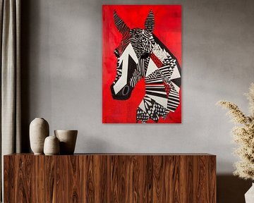 Paard met zebrastrepen op rode achtergrond van Poster Art Shop