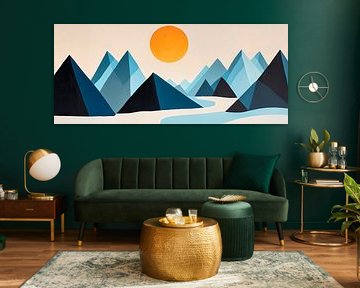 Berglandschaft mit orangefarbener Sonne von Poster Art Shop