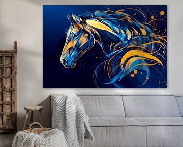 Futuristic horse portrait in blue and yellow by Poster Art Shop