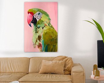 Colourful parrot against a pink background by Poster Art Shop