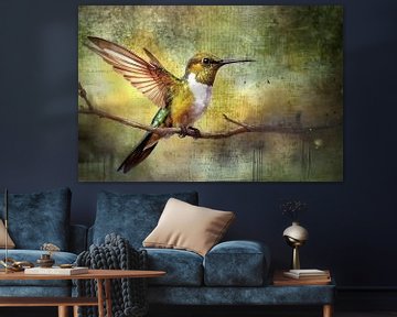 Warm en sfeervol Schilderij van een Kolibrie op tak van Studio Pieternel