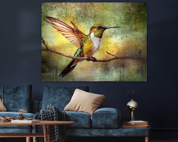 Warm en sfeervol Schilderij van een Kolibrie op tak van Studio Pieternel