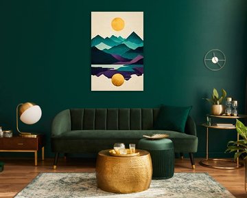 Abstract berglandschap met twee zonnen van Poster Art Shop