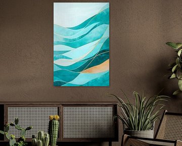 Abstract waves in aqua and gold by Poster Art Shop