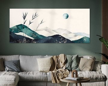 Berglandschap met maan en bamboetakken van Poster Art Shop