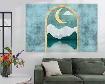 Mountain landscape with moon and water reflection by Poster Art Shop