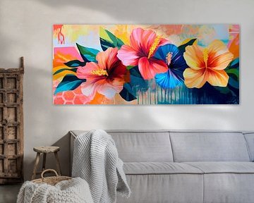 Des fleurs d'hibiscus multicolores dans un jeu de couleurs sur Poster Art Shop