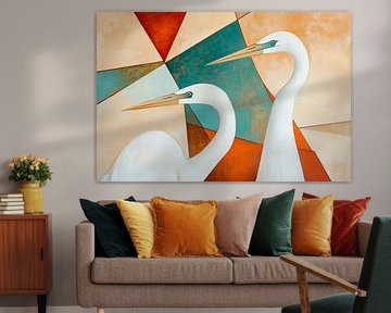 Elegante reigers in een geometrisch kleurenspel van Poster Art Shop