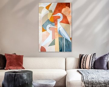 Elegante reigers in een abstract kleurenspel van Poster Art Shop