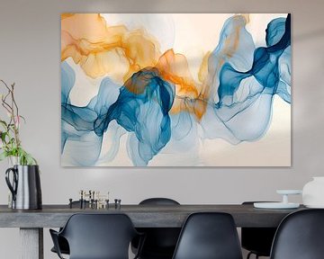 Colourful watercolour swirls in blue and orange by Poster Art Shop