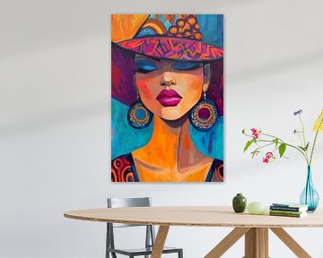 Coloured portrait lady with hat and earrings by Poster Art Shop