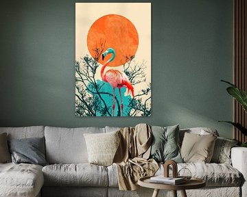 Flamingo in front of a bright sun by Poster Art Shop