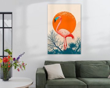 Flamingo in front of a glowing sunset by Poster Art Shop