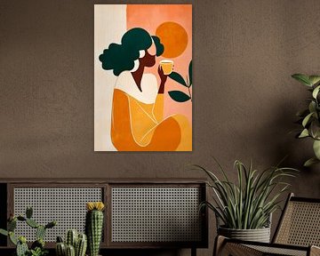 Frau mit Tasse vor orangefarbenem Hintergrund von Poster Art Shop
