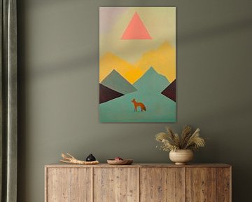 Renard dans un mélange de couleurs devant un paysage géométrique sur Poster Art Shop
