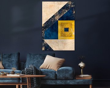 Geometric abstraction in blue and gold by Poster Art Shop
