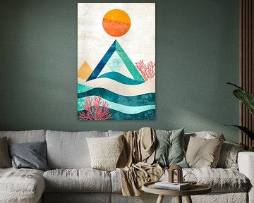 Geometric landscape with sun and coral by Poster Art Shop