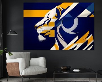 Geometric lion's head in blue and yellow by Poster Art Shop