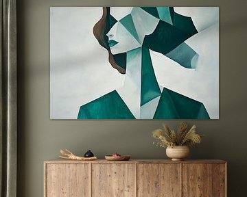 Geometrisch portret van een vrouw in groene tinten van Poster Art Shop