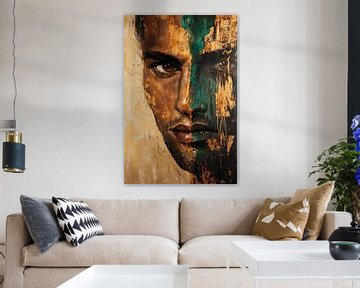 De helft van het gezicht in goud en groen - Expressief van Poster Art Shop