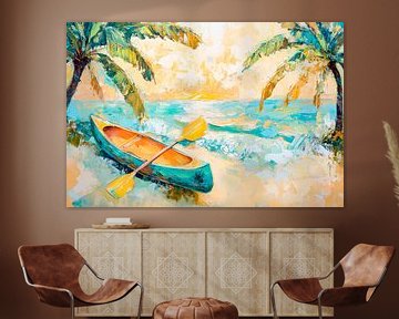 Kano op het strand bij zonsondergang van Poster Art Shop