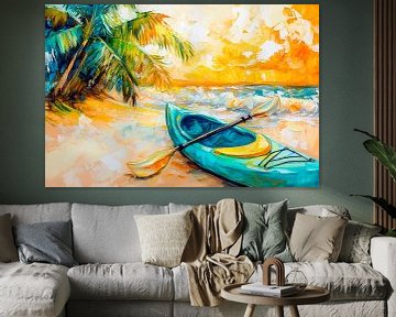 Kajakken op het strand bij zonsondergang van Poster Art Shop