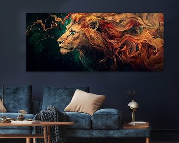 Levendige leeuw met een kleurrijke haarstroom van Poster Art Shop