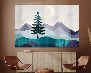 Moonlight scene with fir tree and hills by Poster Art Shop