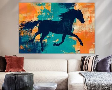 Horse jumping - colour explosion in blue-orange by Poster Art Shop