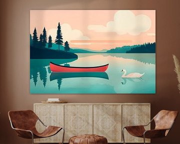 Tranquil landscape with red canoe by Poster Art Shop