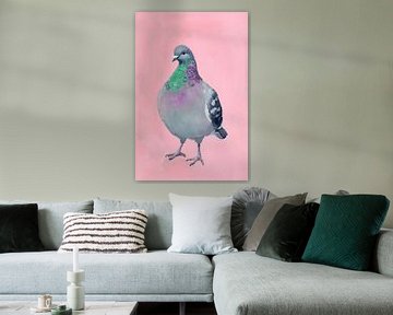 Ronde duif op zachtroze - speels van Poster Art Shop