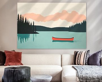 Tranquil lake landscape with red canoe by Poster Art Shop