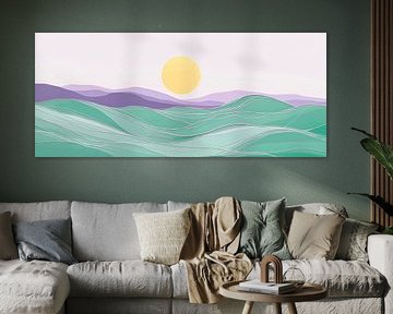 Glooiende heuvels in het ochtendlicht met zon van Poster Art Shop