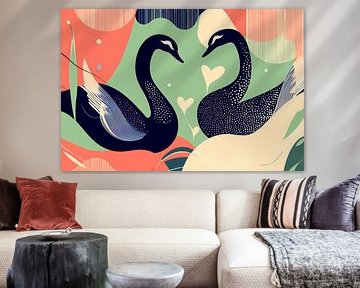 Swans in unison - Colourful harmony by Poster Art Shop