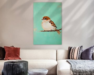 Cute sparrow on a mint green background by Poster Art Shop