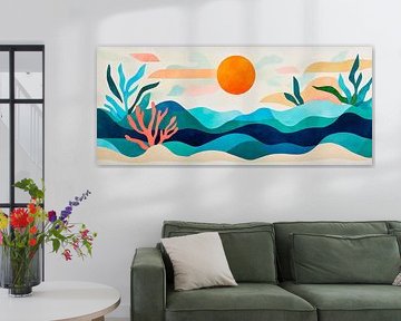 Coucher de soleil sur des vagues colorées sur Poster Art Shop