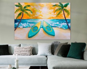 Sunset on the beach with canoes by Poster Art Shop