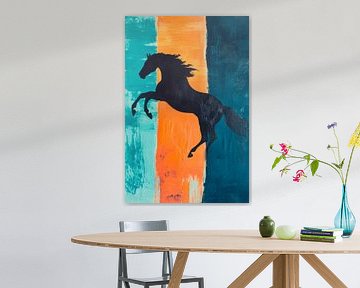 Jumping black horse in colour by Poster Art Shop