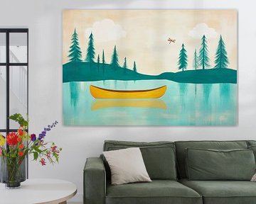 Still lake with yellow canoe and hang glider by Poster Art Shop