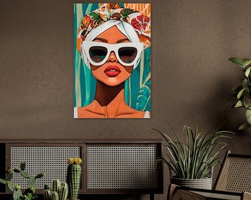 Femme élégante avec lunettes de soleil et turban sur Poster Art Shop