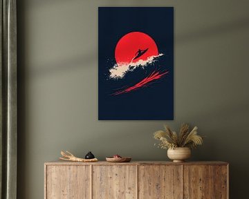 Surfer in wave in front of red sun by Poster Art Shop